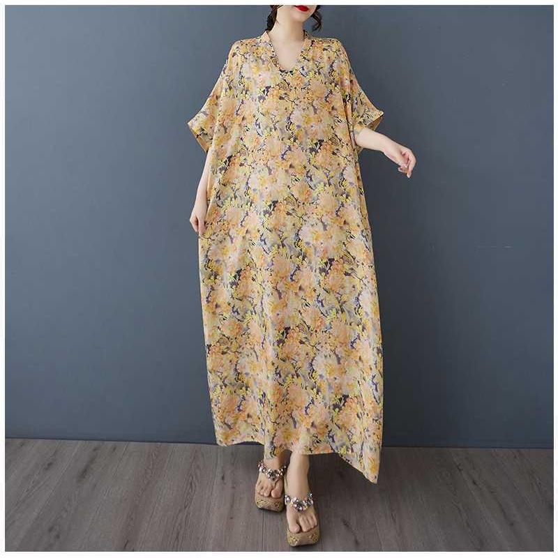 Women's Vintage Long Dress with Cotton and Linen Patterns