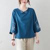 Women's Retro Chinese Buttoned Embroidered Shirt, Cotton-Linen, Loose Fit, Three-Quarter Sleeves