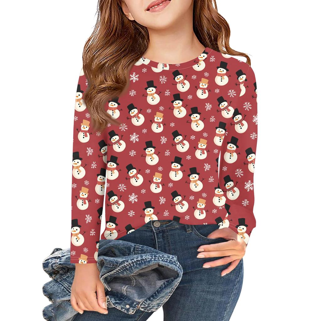 Christmas Day Girls Long Sleeve T Shirts Kids Fall Tops Crewneck Printed Basic Tees