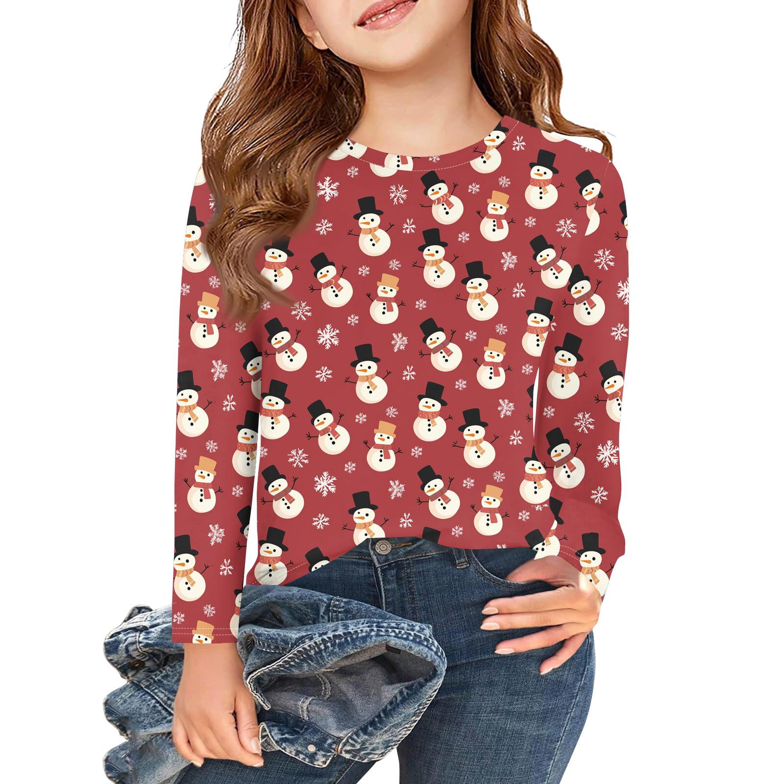 

Різдвяний день Футболки з довгим рукавом для дівчаток Дитячі осінні топи Круглий виріз З принтом Базові футболки 120 Кіновар