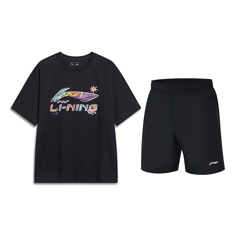 

Li Ning Свободный Удобный Универсальный Топ с Коротким Рукавом Модный Простой Шорты Пятиточки Повседневный Спортивный Костюм Комплекты Унисекс Черный AHSU745-1+YKST119-1 M