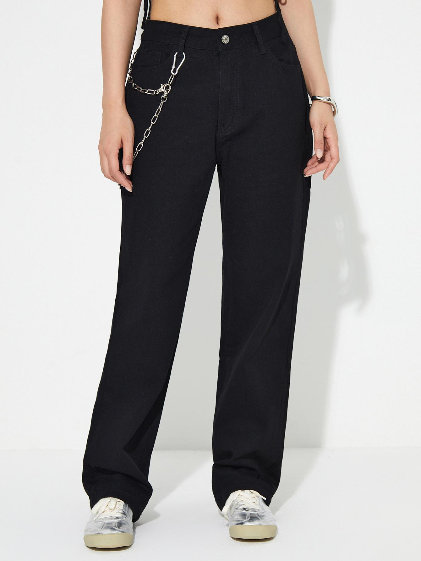 

Женские прямые джинсы с высокой талией и цепочкой, женские джинсы L чёрный