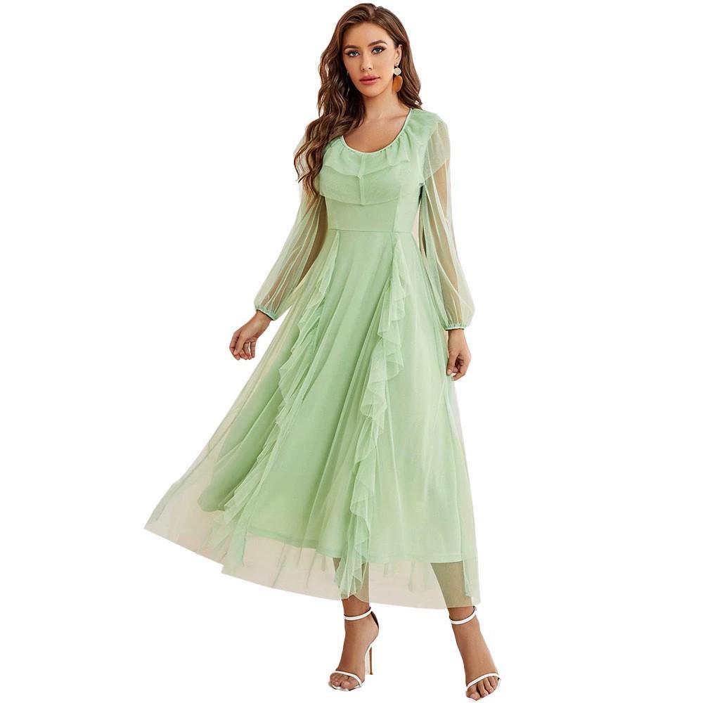 2025 Spring/Summer Women's Fashion A-line Dress with Net Yarn, Round Neck, Mid-waist - Europe, America, Middle East Collection