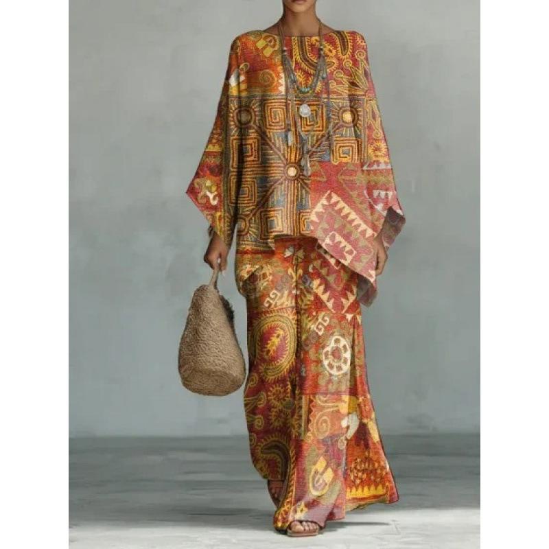 16 European and American artistic sense abstract graffiti set, round neck bat sleeve top + wide-leg pants loose two-piece set