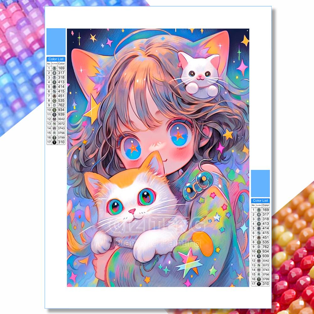 

5D DIY Мультяшная AB Алмазная Живопись Девушка Кошка Полная Алмазная Мозаика Вышивка Милый Эльф Животное Набор для Вышивания Крестиком Искусство Домашнее Украшение Round 40x50cm