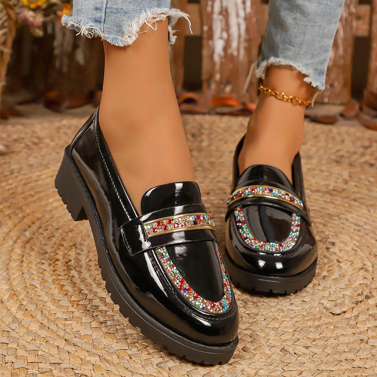 

Autumn/Winter Women s Rhinestone Loafers - British Style Chunky Heel Patent Leather Slip-on Shoes 36 чорний