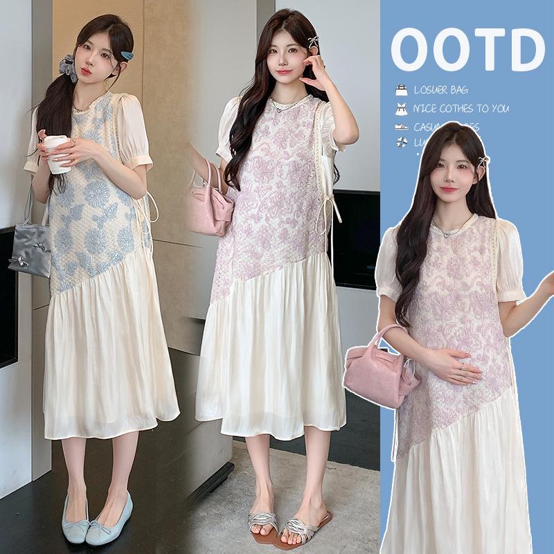 Sweet Summer Maternity Dress: Brocade-Style Patchwork Lace Two-Piece Look M