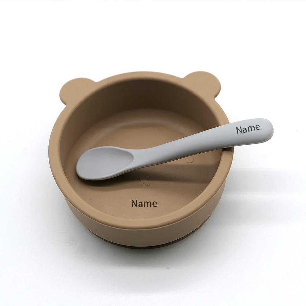 Infant Tableware: Free Name Printing on Bowls plus Spoons Silicone Fabric Personalized Gifts designed for Boys plus Girls