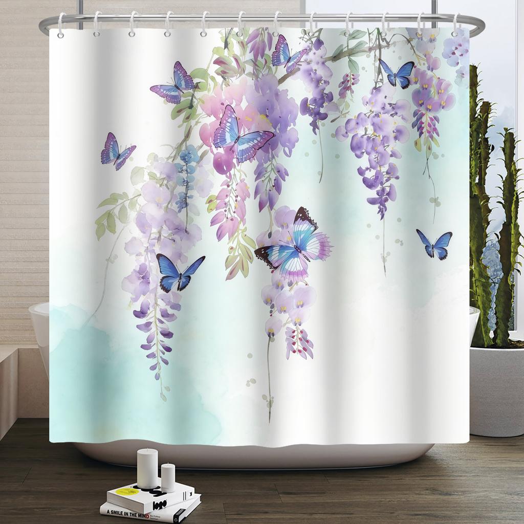 Fashion Modern Plant Shower Curtain Colorful Butterfly Flowers Shower Curtains Bathroom Decor Waterproof With 12 Hooks Curtains