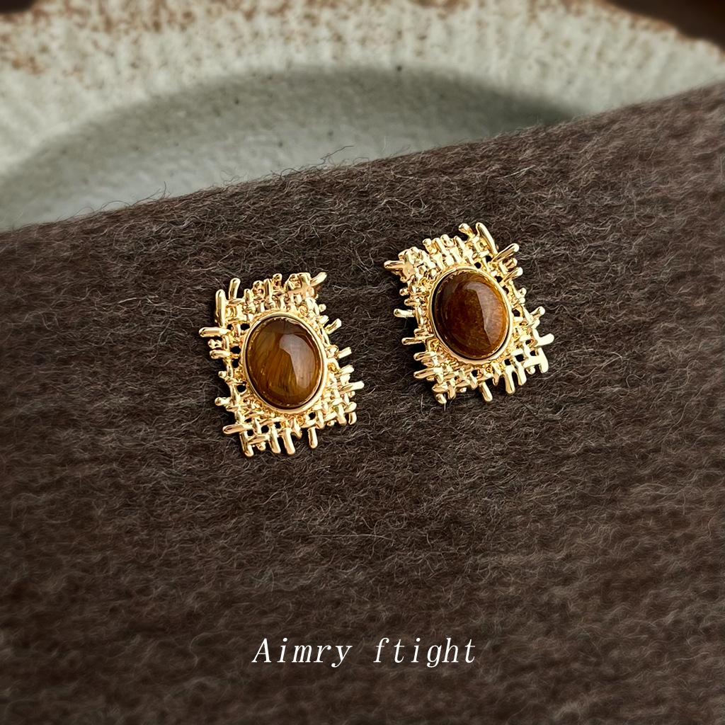 Майярдский стиль тигровый глаз натуральный камень дизайнерские неправильные сетчатые осенние и зимние новые серьги серьги