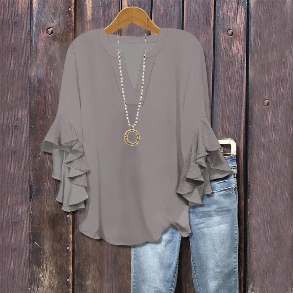 3/4 Sleeve Shirts For Women Cute Print Graphic Tees Blouses Casual Plus Size Basic Ruffled Sleeve Tops Pullover