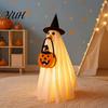 Holiday Photo Prop Outfit Halloween Glowing Ghost Costume with Witch Hat & Pumpkin Tote Bag, LED Easy To Wear Set Light Up Fabric for Kids,
