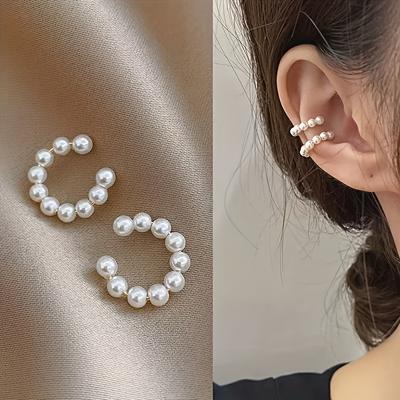 1Pair of French Elegant Imitation Pearl Ear Bone Clips, Essential Ear Accessories, Women's Fashion Earrings