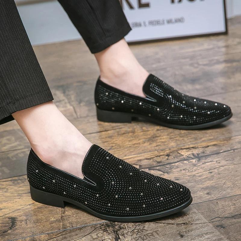 2024 Men's Dress Shoes Luxury Italian Style Loafers Men Formal Shoes For Men Nightclub Wedding Dress Rhinestones Zapatos