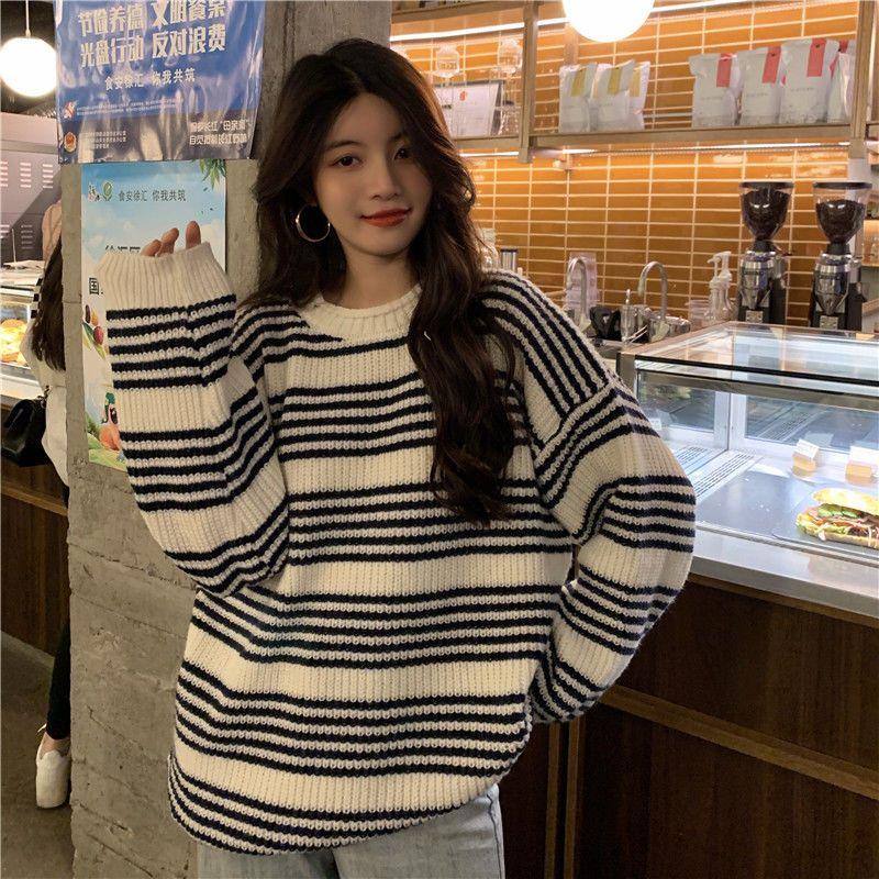 Winter Striped Stitching Pullover Sweater Female Student Korean Loose Round Neck Pullover Loose Knitted Sweater Jacket Female