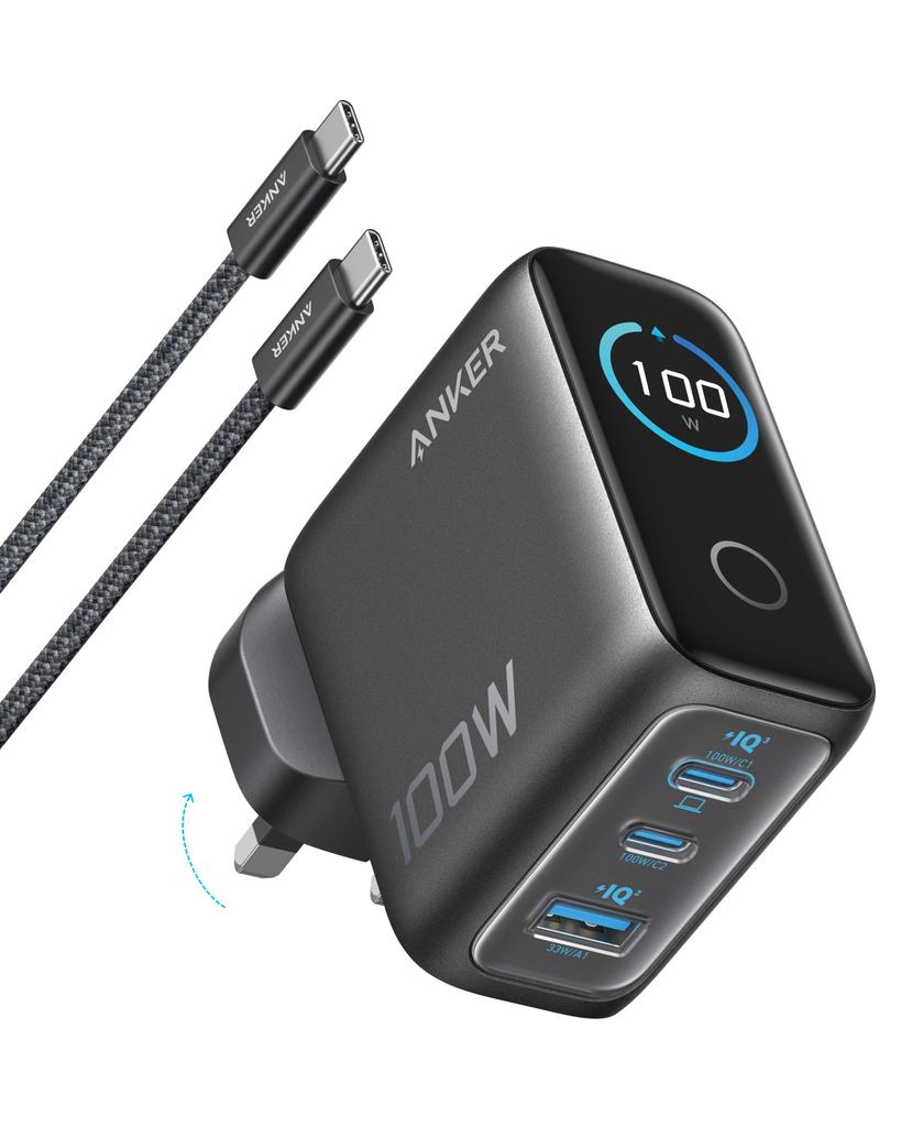Anker 100W Max USB C Charger, 3-Port GaN and Ultra-Compact Wall Adapter, Smart Display, Touch Control, for MacBook, iPad, iPhone