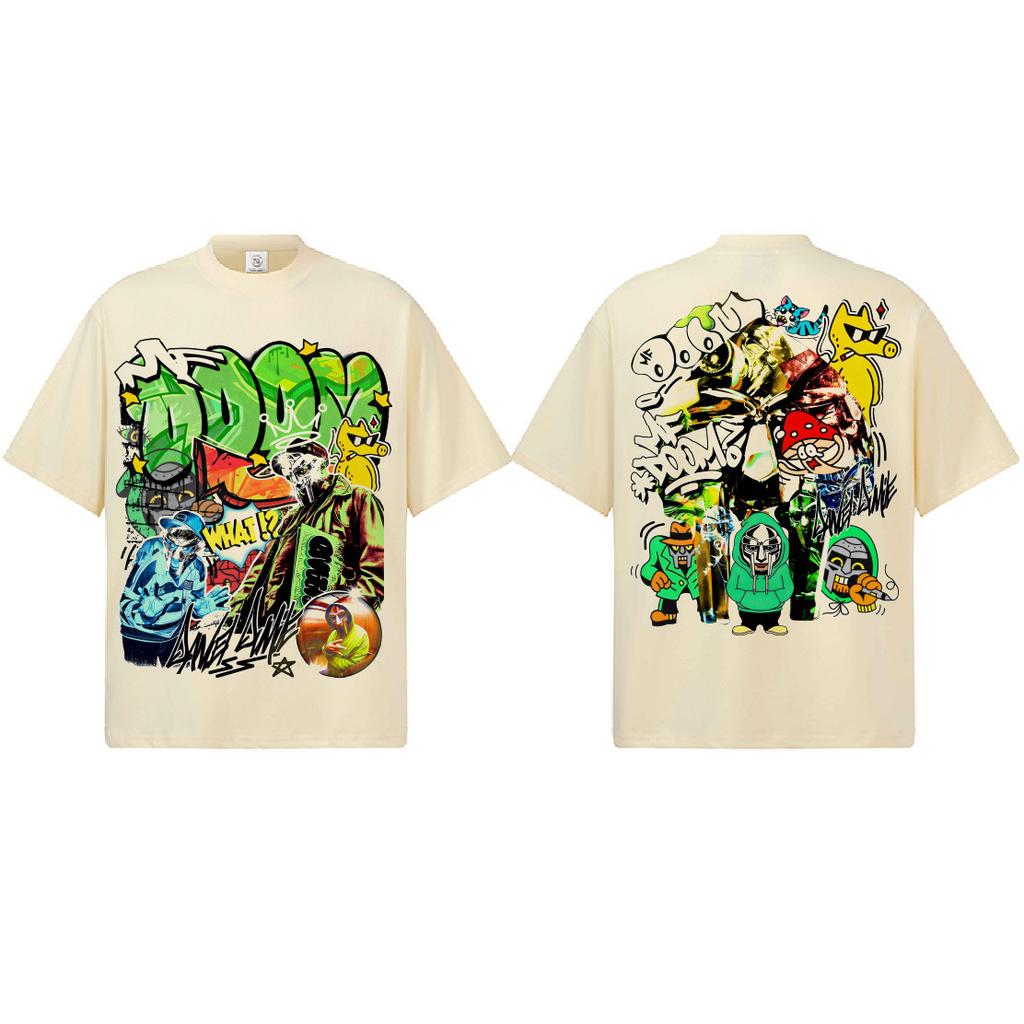 MF DOOM Doppelseitiges Graffiti Grafik T-Shirt Unisex Damen Oversized Hip Hop Lässig Baumwolle Kurzarm Klassische Streetwear Für den Alltag