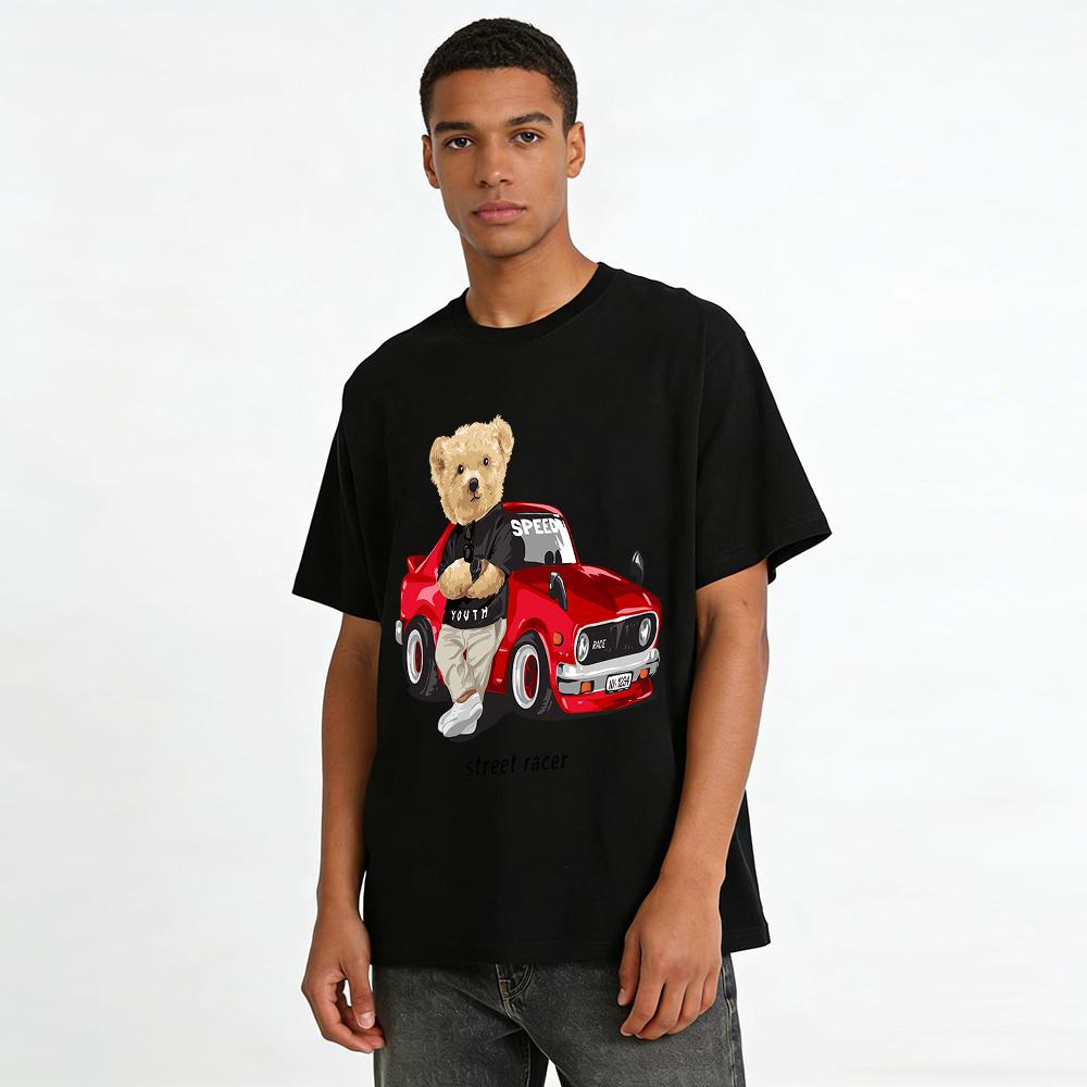 Street Racer Bear Print Trendy Loose Casual Tee For Teens Pure cotton T-shirt