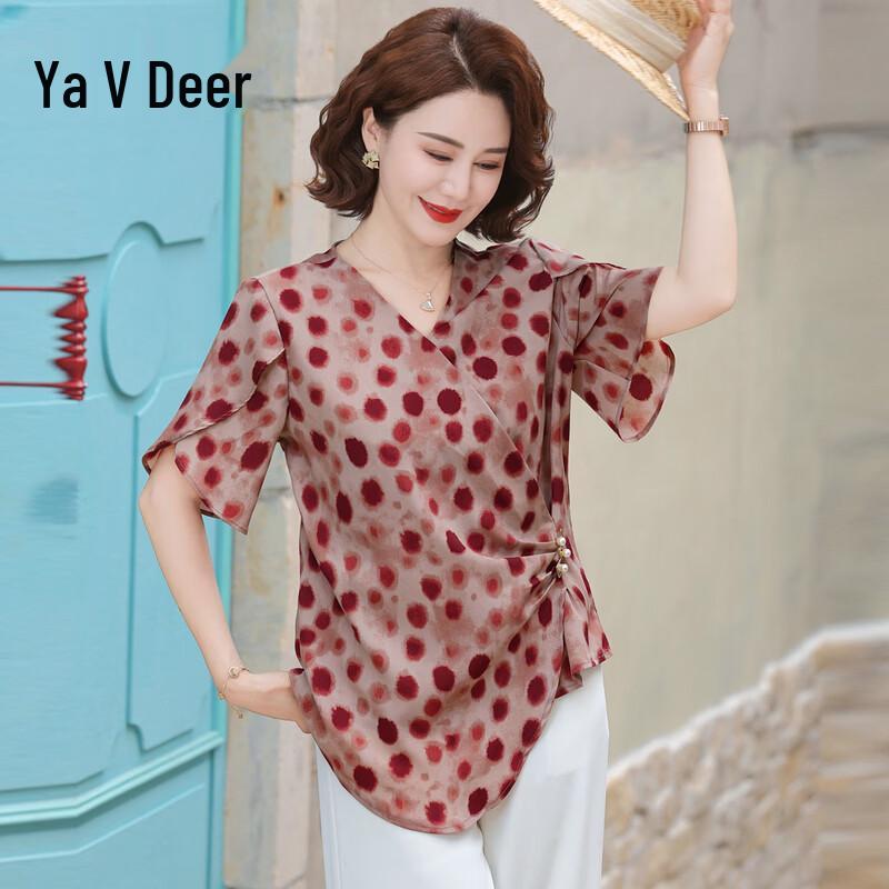 Yalu Middle-Aged Women s Polka Dot Chiffon Short Sleeve Blouse XL (95-110 catties)