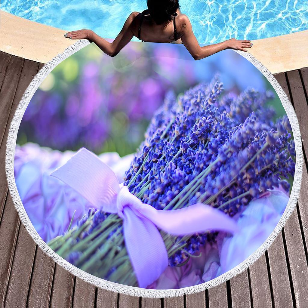 Purple Flower Lavender Round Beach Towel, Microfiber Beach Blanket Absorbent Quick Dry Swim Pool Bath Circle Towel with Tassels