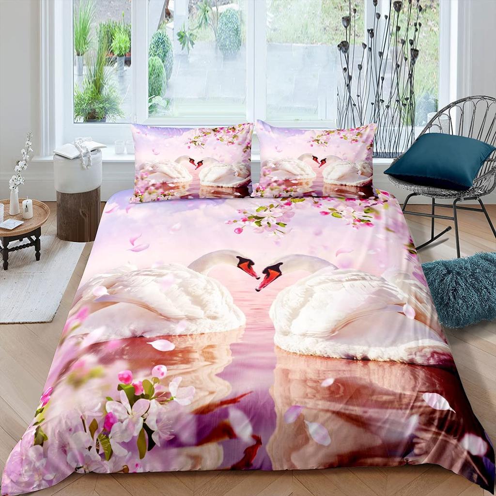 Swan Bedding Collection Romantic Flowers Duvet Cover King Birds Wildlife Quilt Cover For Couple Lady Man Wedding Festival Party Decor