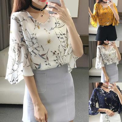 Bürodame Mode Blumenmuster Halblange Glockenärmel V-Ausschnitt Chiffon Bluse Hemd