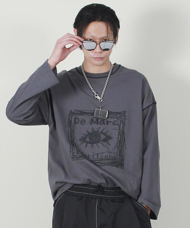 Deumakeu Square Graphic Stitch Long Sleeve T-Shirt Charcoal