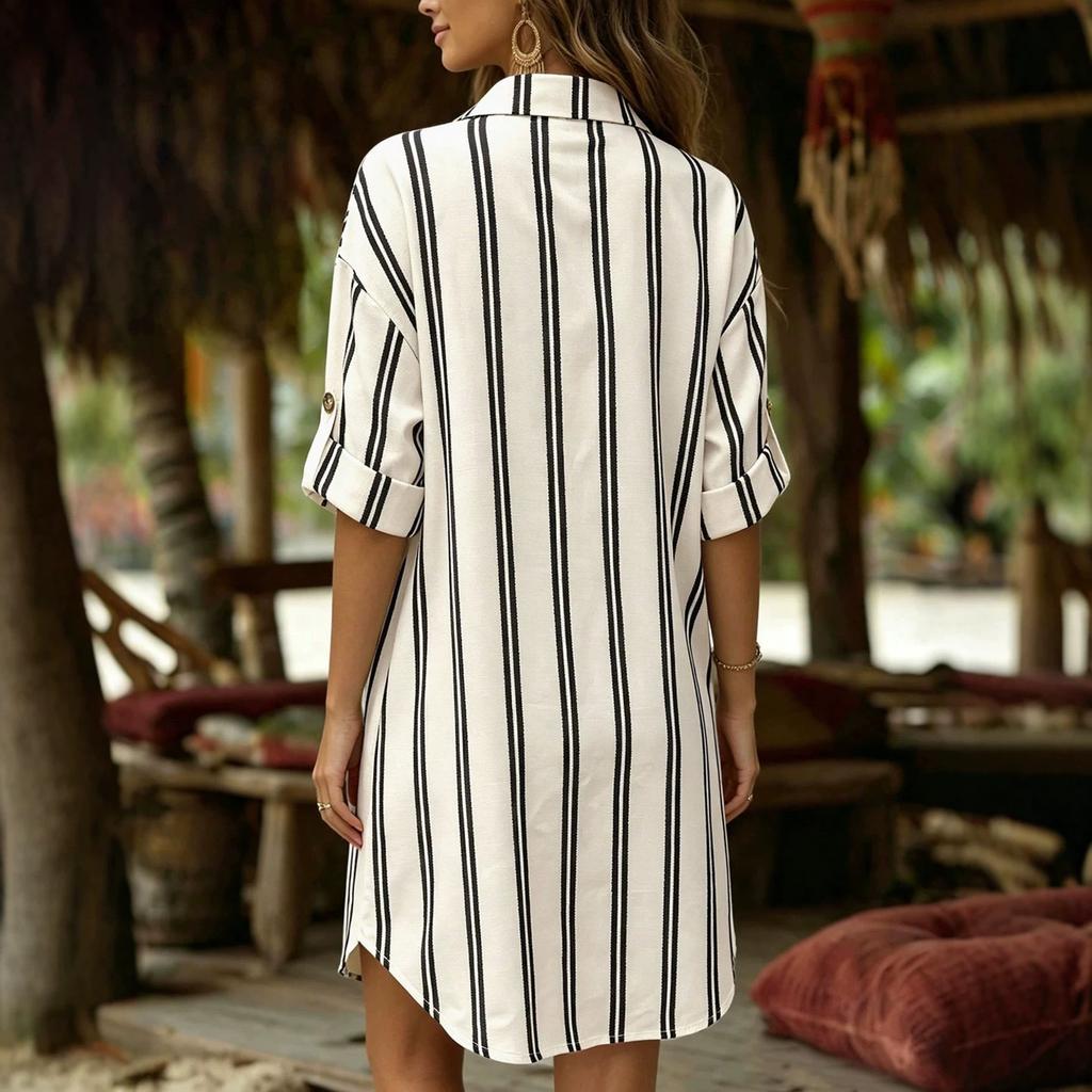 European and American summer new black and white striped loose shirt skirt lapel single-breasted leisure vacation wind
