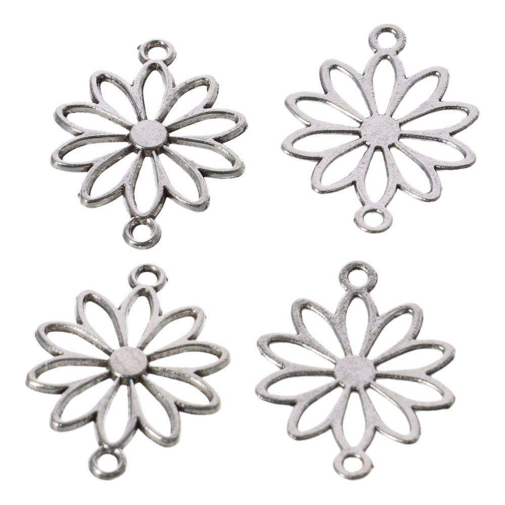 60pcs Daisy Flower Flower Connector Charms Hollow Antique Silver Double Loop Pendants Zinc Alloy 25*19*1.5mm