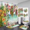 Butterfly Red Roses And Flowers Print Shower Curtain Set Anti-Slip Rugs Toilet Lid Cover Bath Mat  Bathroom Curtains Decoration