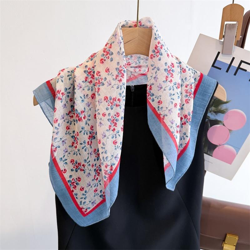 2025 Hot Selling New Countryside Floral Print Fresh Flower Cotton Linen Square Scarf Shawl Fashionable Headscarf