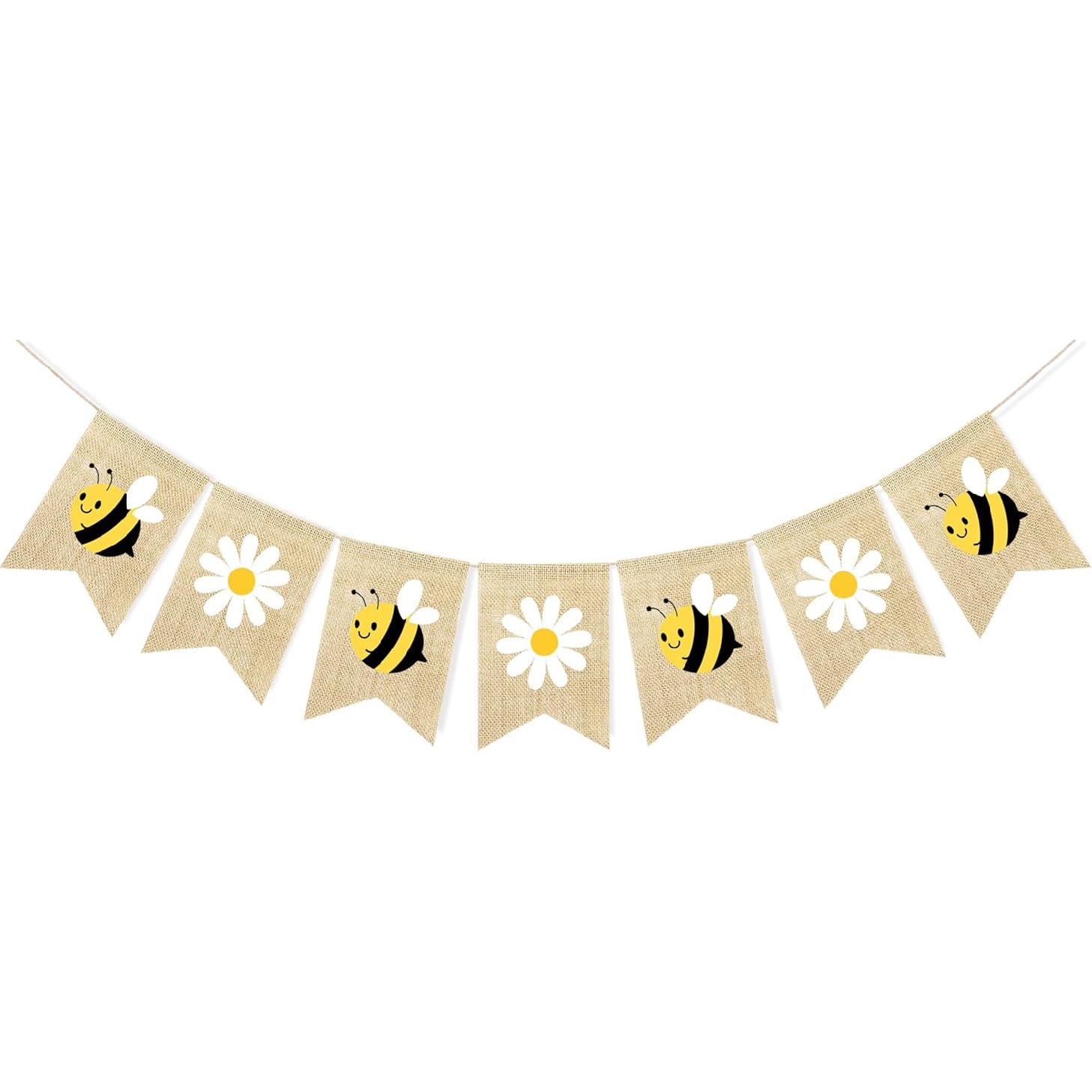 Bumble Bee Banner Burlap with Daisy Flower Bunting Happy Bee Day Decorations Garland Bumblebee Party Decorations for Baby Shower Birthday Supplies