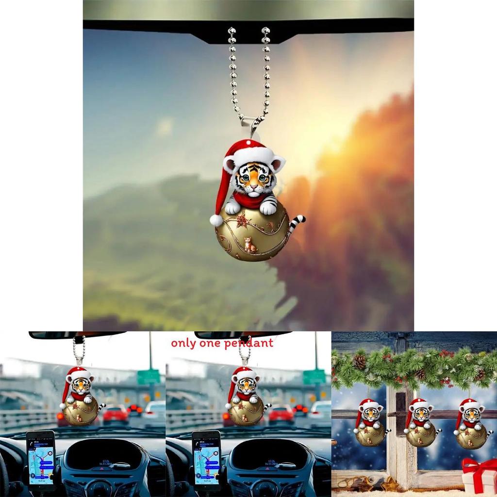 Surface Acrylic Flat Car Pendant With Tiger Wearing Christmas Design Hat