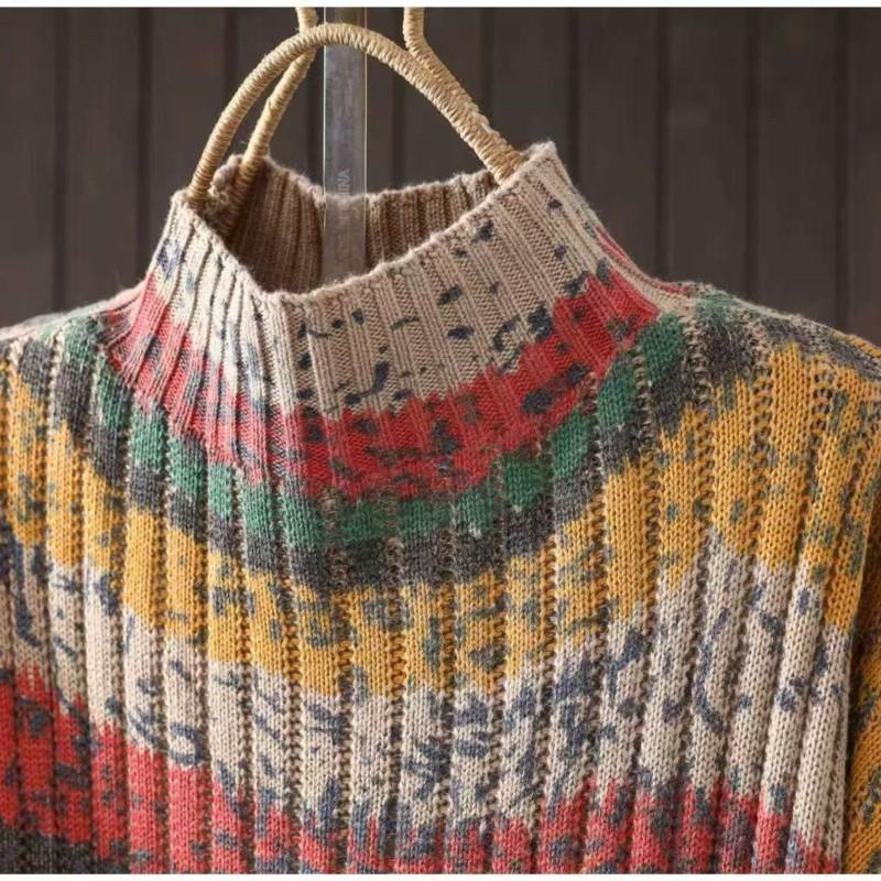 Johnature Women Vintage Striped Pullover Sweaters Mock Neck Long Sleeve Spring Long Sleeve Casual Sweaters