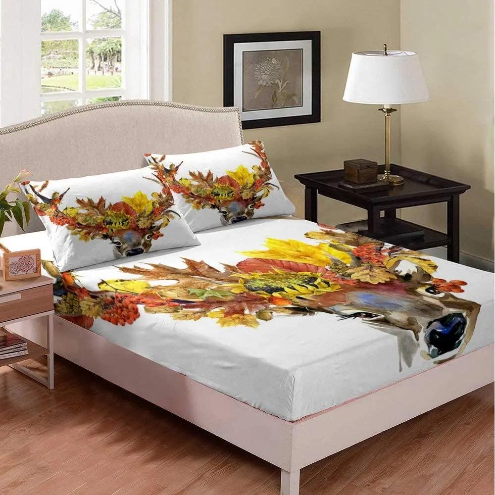 Deer Fitted Sheet Elk Antlers Cherry Blossom Branches Bedding Set Wildlife Animals Top Sheet for Boys Girls Home Room Decoration