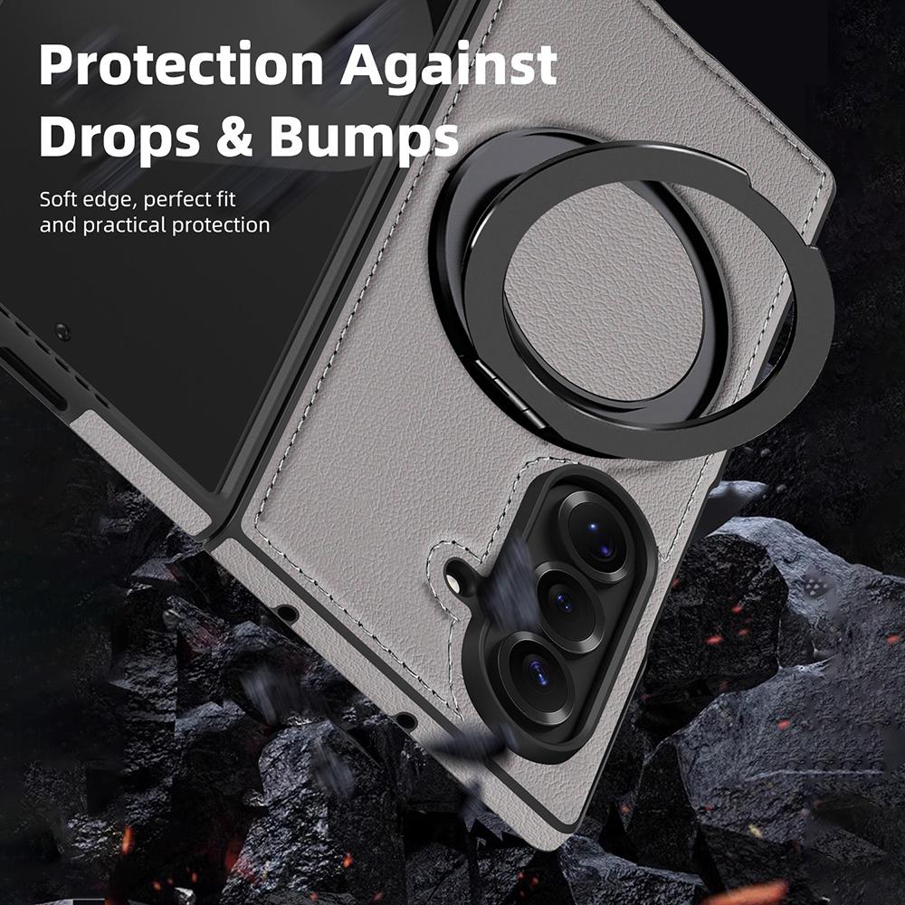 KEYSION 360° Rotating Magnetic Ring Stand PU Leather Case for MagSafe for Samsung Z Fold 7 5G Wireless Charging Phone Back Cover