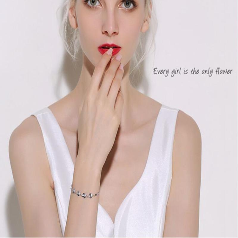 925 Sterling Silver Zircon Clover Bracelets crystals chain For Women Valentines Gift Wedding party cute Jewelry