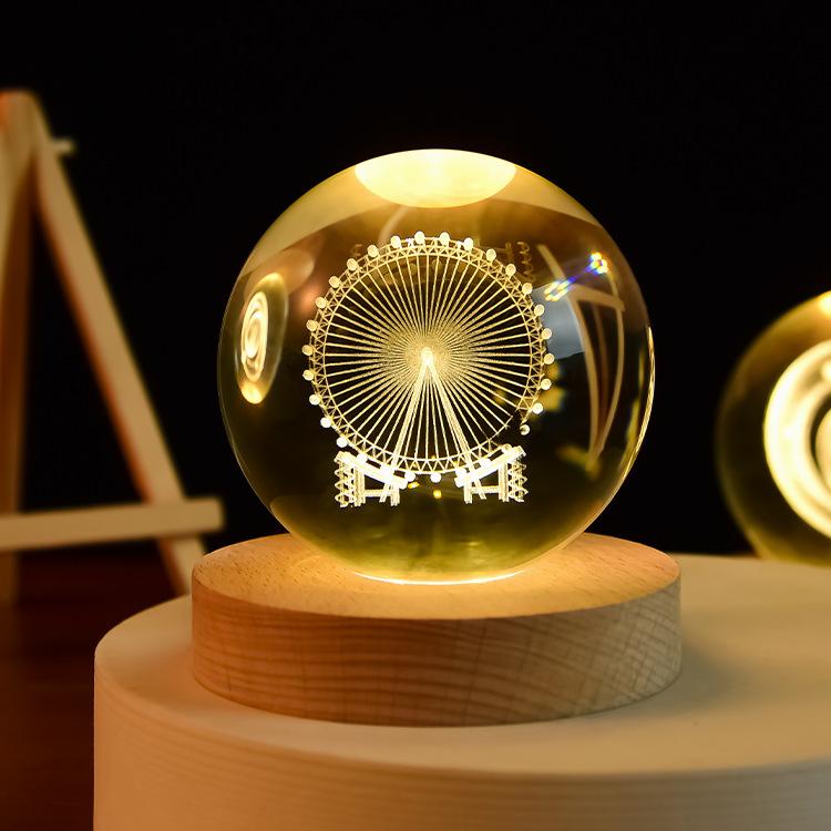 3D Art Nebula Laser Carving Solar System Moon Planet Nights Lamp LED Glowing Crystal Glass Globe Ball Wood Base Night Light