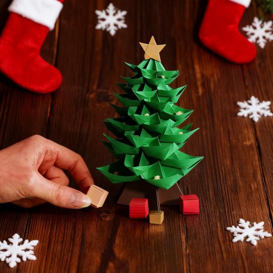Yousheng DIY Paper Christmas Tree Handmade Origami Tree Kit Fold 3D Christmas Paper Craft Set Holiday Desk Decoration for Craft Lovers Adults
