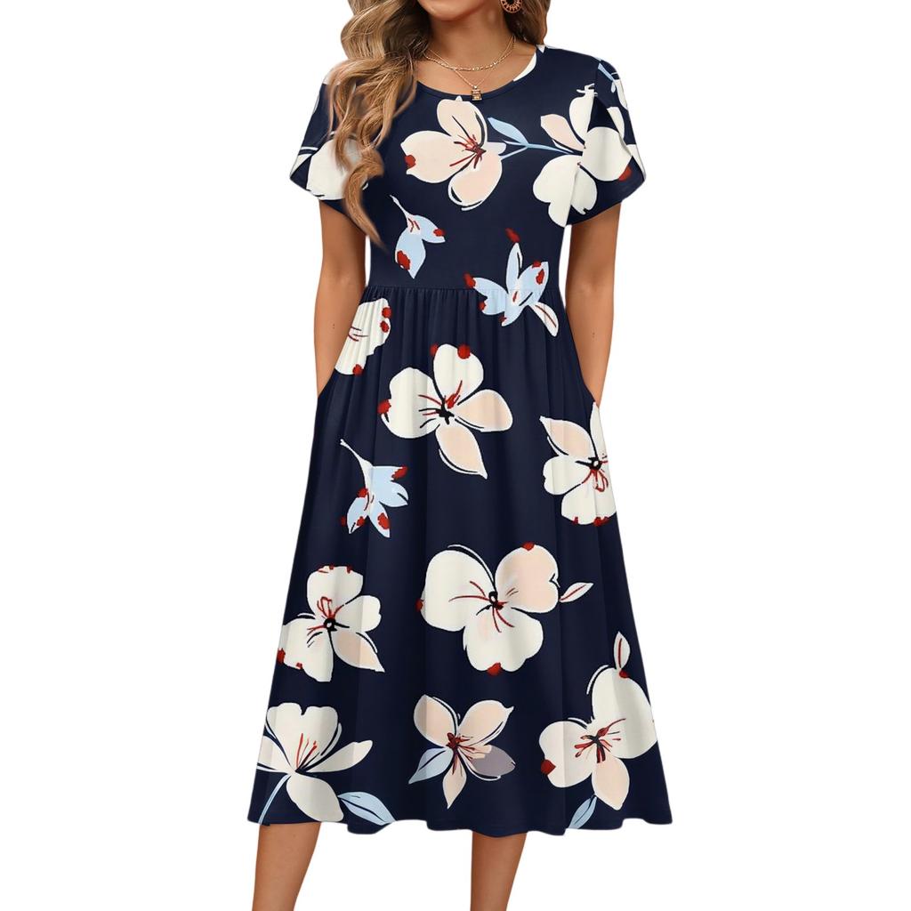 Damenmode Sommer Rundhals Kurzarm Blumendruck Strandkleider