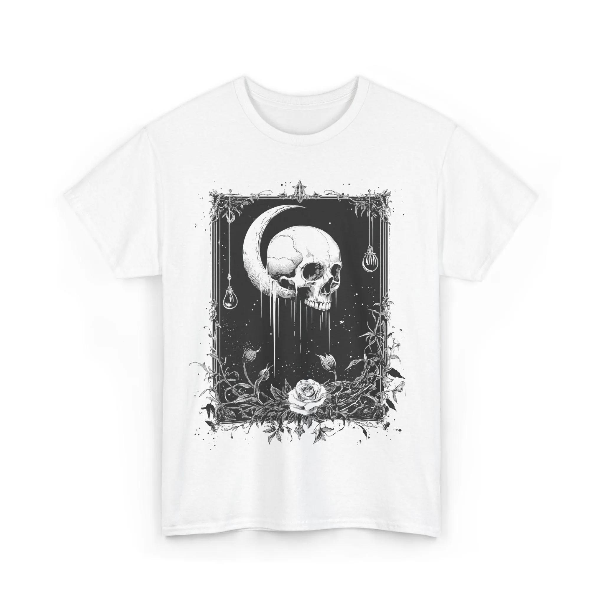 Gothic Skull T-Shirt Dark Academia Crescent Moon Occult Lunar Botanical Skull Tee Celestial  Men Clothing S