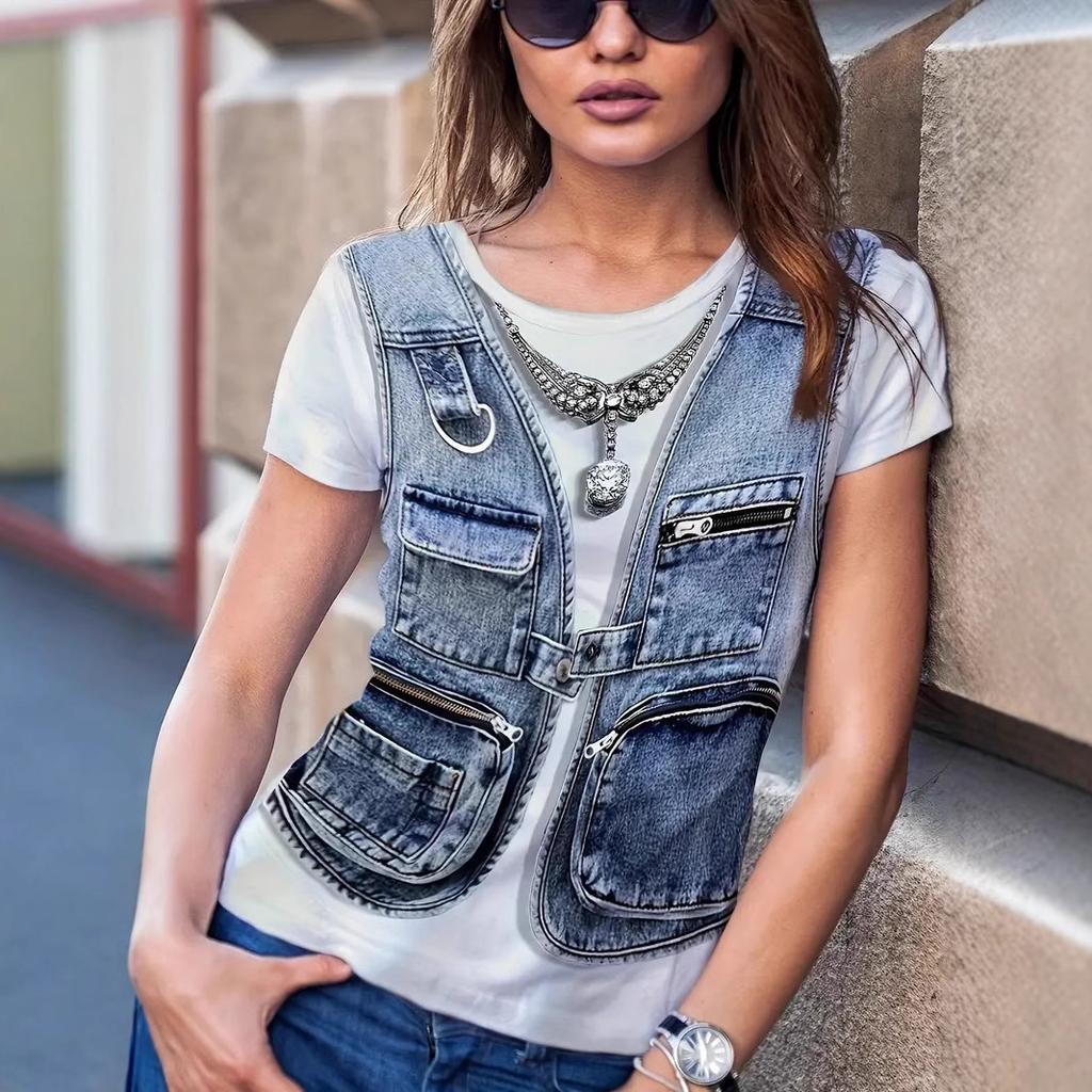 Summer Fashion Fake Denim Women's Short Sleeved Round Neck T-shirt Casual Loose Breathable T-shirt