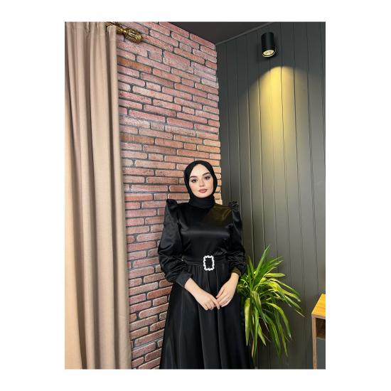 Women's Satin Hijab Evening Dress with Stone Buckle Waist and Flared Skirt