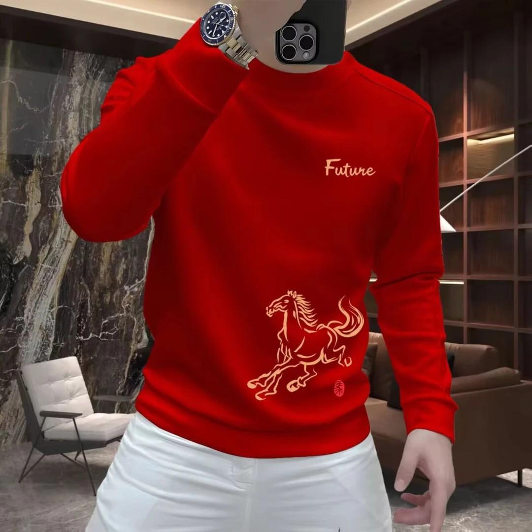 2026 Year of the Horse Men s Red Velvet Hoodie - Zodiac Festive Slim Fit Casual Base Layer M
