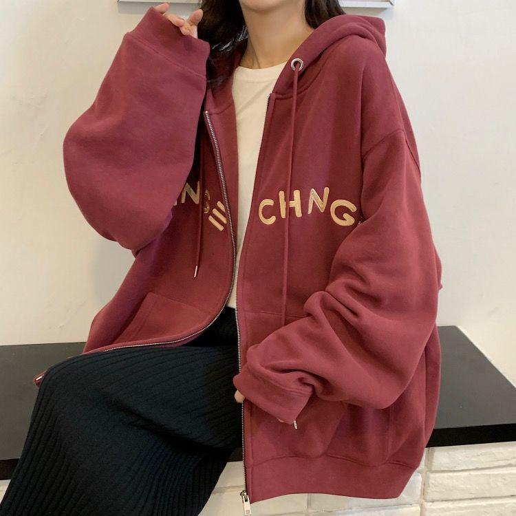 Women's 65% Cotton Embroidered Hooded Sweatshirt - Korean Style Loose Zip-up Jacket (2025 Student Collection)