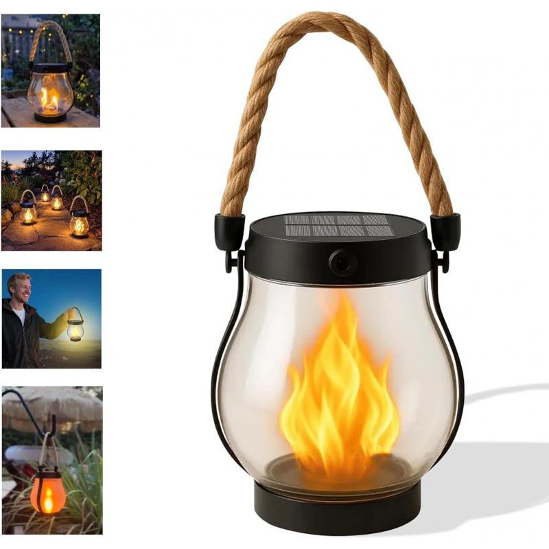 Подвесные солнечные фонари-пламя: Уличные трансграничные фонари с танцующим пламенем и пеньковой веревкой