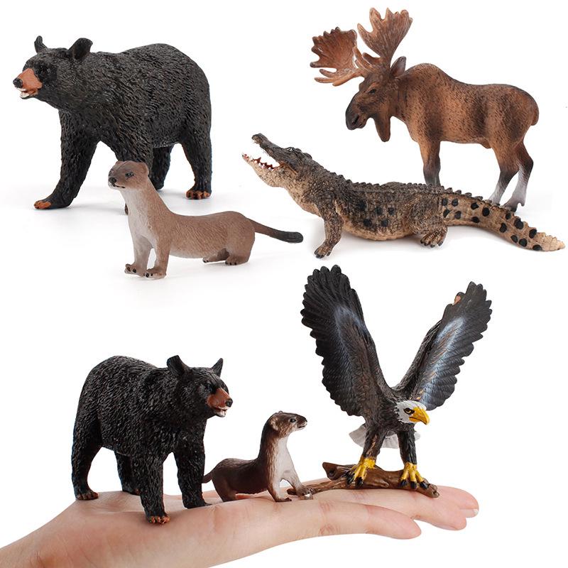 7-Piece Jungle Animal Set: Moose, Bison, Black Bear, Yangtze Alligator – Handcrafted Solid Figurines