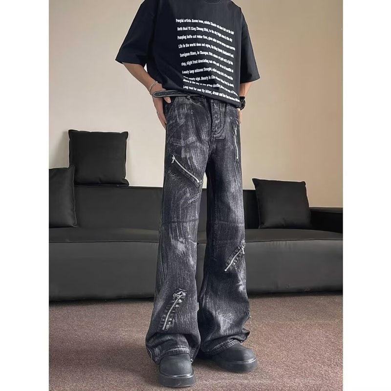 Washed tie-dye micro-pull jeans men's American vibe trendy brand retro ruffian handsome heavy industry niche zipper straight trousers