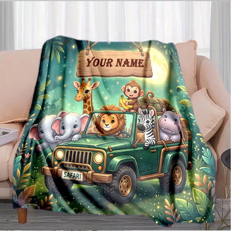 1PC Custom Name Jungle Safari Adventure outdooor Flannel blankets Throw Blanket All-Season Throw Gift Bedspread for Couch, Bed, Camping Holiday Birthd