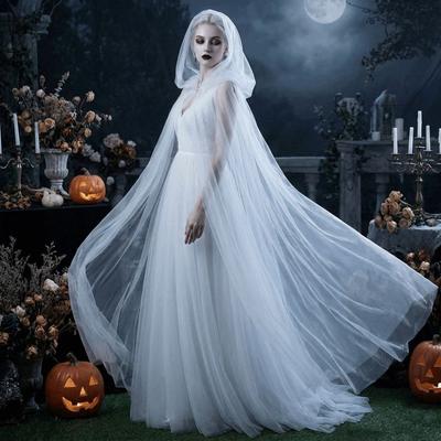 Cape en Tulle à Capuche Longueur Cheville pour Halloween Couleur Unie Cosplay Costume de Mariée Manteau en Maille Mariage